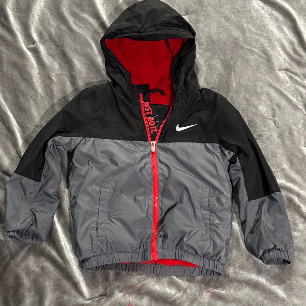 Nike Kids Black and Gray Raincoat with Red Lining